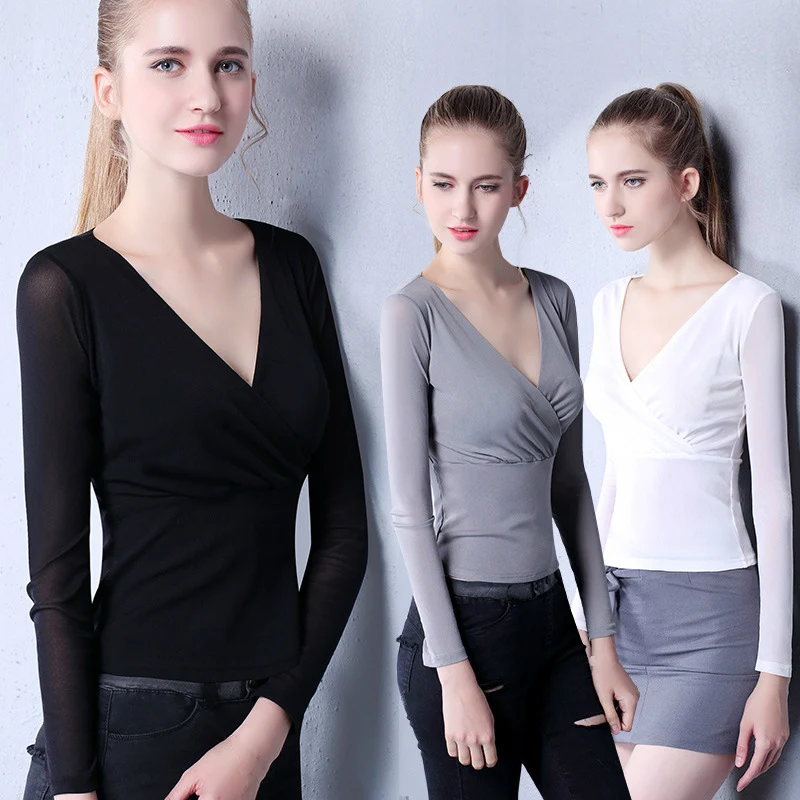 

Spring Ladies Tops Women Mesh Long Sleeve T Shirt Slim Sexy V-neck T-shirt for Girls Black Pleated Tee Shirt Woman Oversize Xxxl