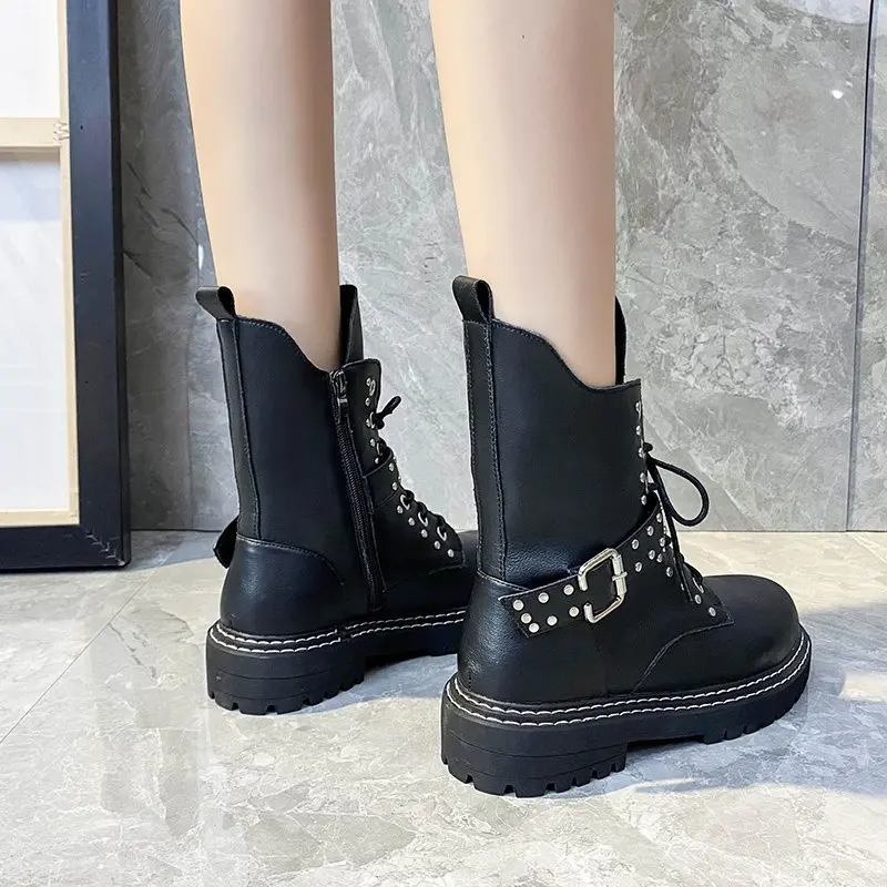 2022 Leather Women's Platform Ankle Boots Fashion Lace-up Platform Women's Shoes Buckle Belt Ladies Casual Punk Rivet Boots