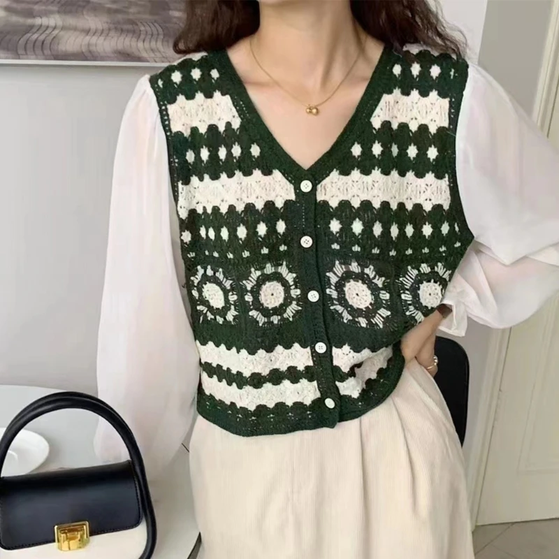 

Рубашка MXMA с длинным рукавом, кардиган с V-образным вырезом, свободная кроше, крючок, цветок, ретро, универсальная Повседневная Свободная рубашка в стиле Харадзюку