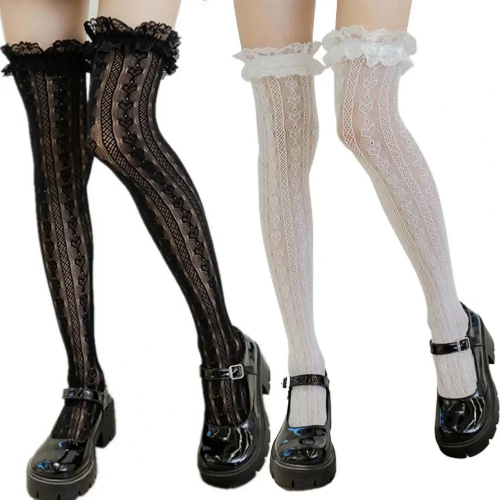 

1 Pair Practical Cosplay Stocking Fishnet Plaid Ruffle Nylon Lolita High Tube Ruffle Calf Stockings