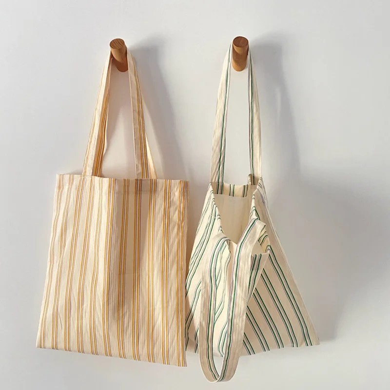 

Ladies New Style Cotton Fabric Shoulder Bag for Women Simple Stripe Handbag Large Casual Capacity Shopper Tote Bags