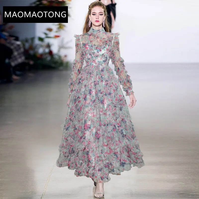 

Fashion Designer 2022 Spring dress Women Stand collar Long Sleeve Printing Ruffles Grace Casual Grey Midi Dress