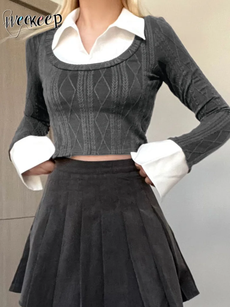

Weekeep Korean Style Crop Top 90s Full Sleeve Patchwork Knit T Shirts Streetwear Slim Fit Women Clothing y2k Harajuku Tee Ladies