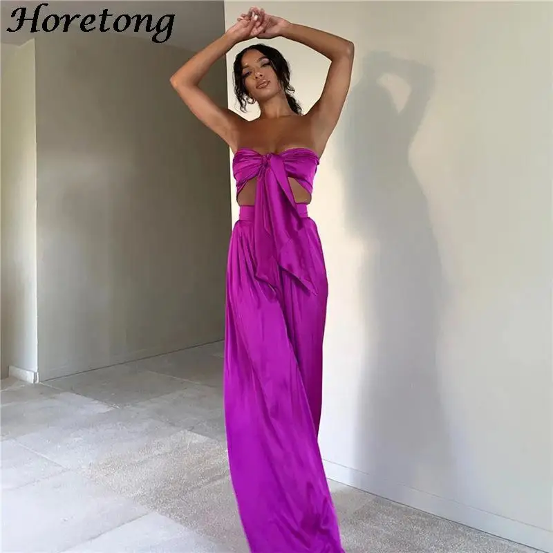

Horetong Sexy Women Suits Boho Summer Off Shoulder Bandage Crop Top And High Waist Wide Leg Pants Two Pieces Set Streetwear