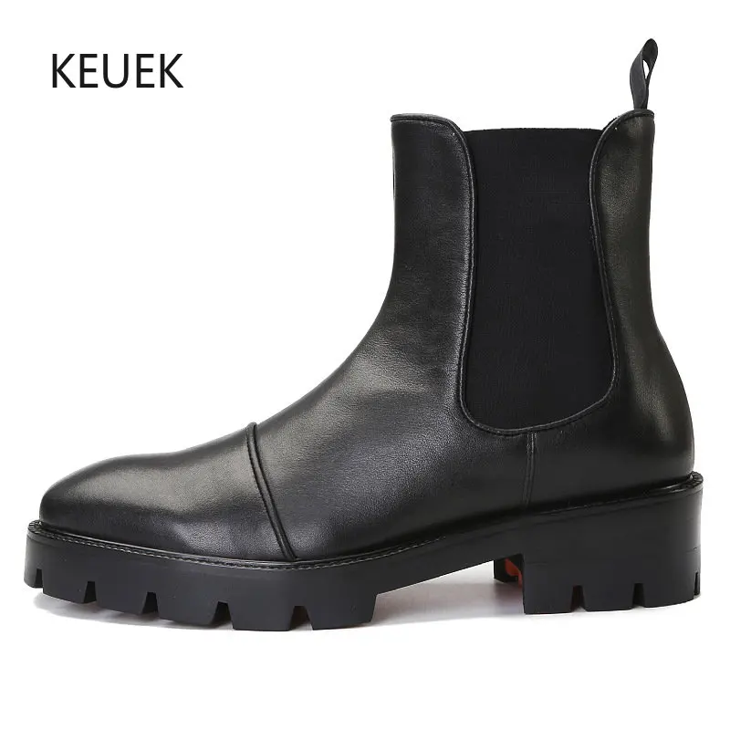 

New Design Men Chelsea Boots Genuine Leather Thick Sole Breathable Work Outdoor Motorcycle Fashion Ankle Boots Male Shoes 5C
