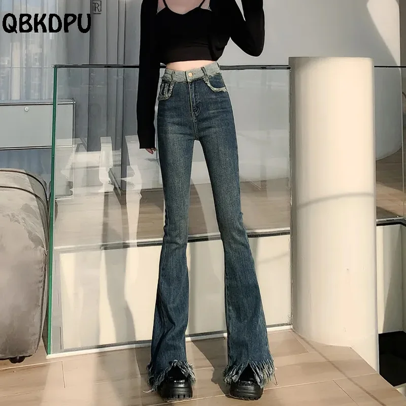 

Американские винтажные узкие расклешенные джинсы, женские дизайнерские штаны с бахромой, уличная одежда, облегающие брюки, джинсовые брюки с высокой талией
