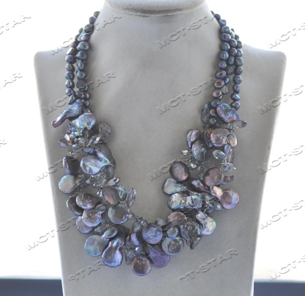 

MCT·STAR Z12380 3row 18'' Black Baroque Coin Pearl Gray Faceted Crystal Necklace