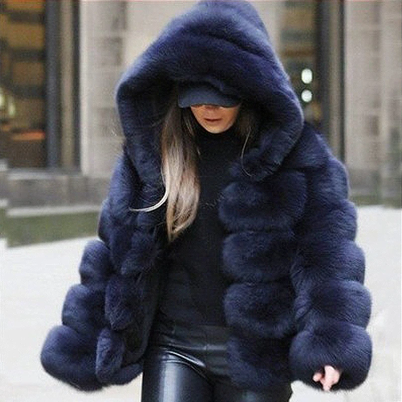 Long Hooded Fur Coat Women Zip Faux Fox Fur Coat Fluffy Jacket Winter Thick Warm High Quality Full Sleeves Fashion Fur Overcoat