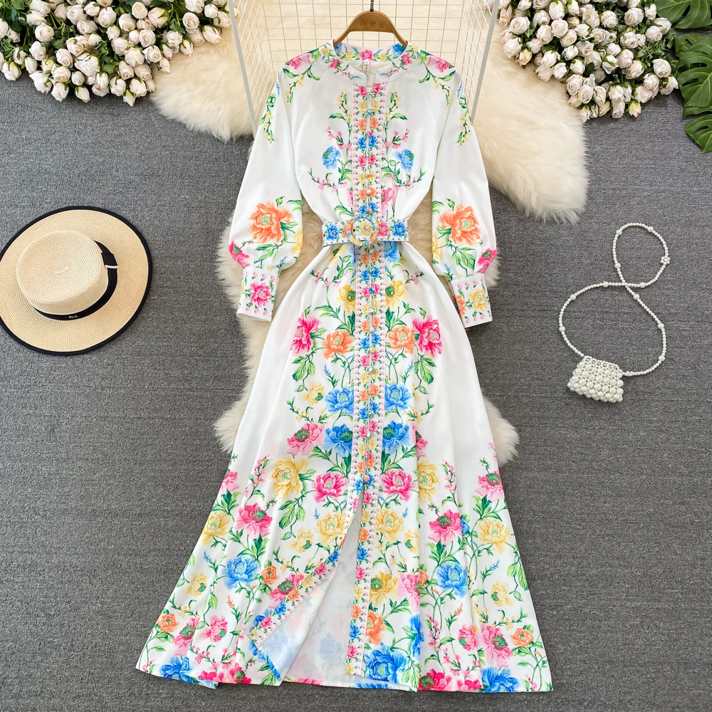 Palace Style Retro Long-sleeved High-waisted Slimming Single Breasted Shirt Dress