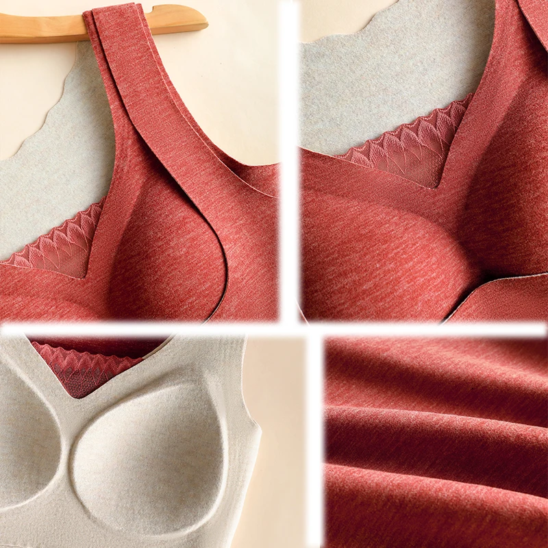 Double Side Brushed Velvet Lace Thermal Women Underwear plush thick Bra & Vest integrated Keep Warm In Winter