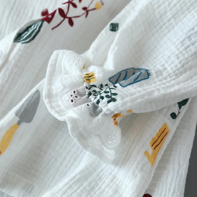 Japanese new ladies spring and summer cotton crepe pajamas two-piece long-sleeved trousers cute plant printing home service set