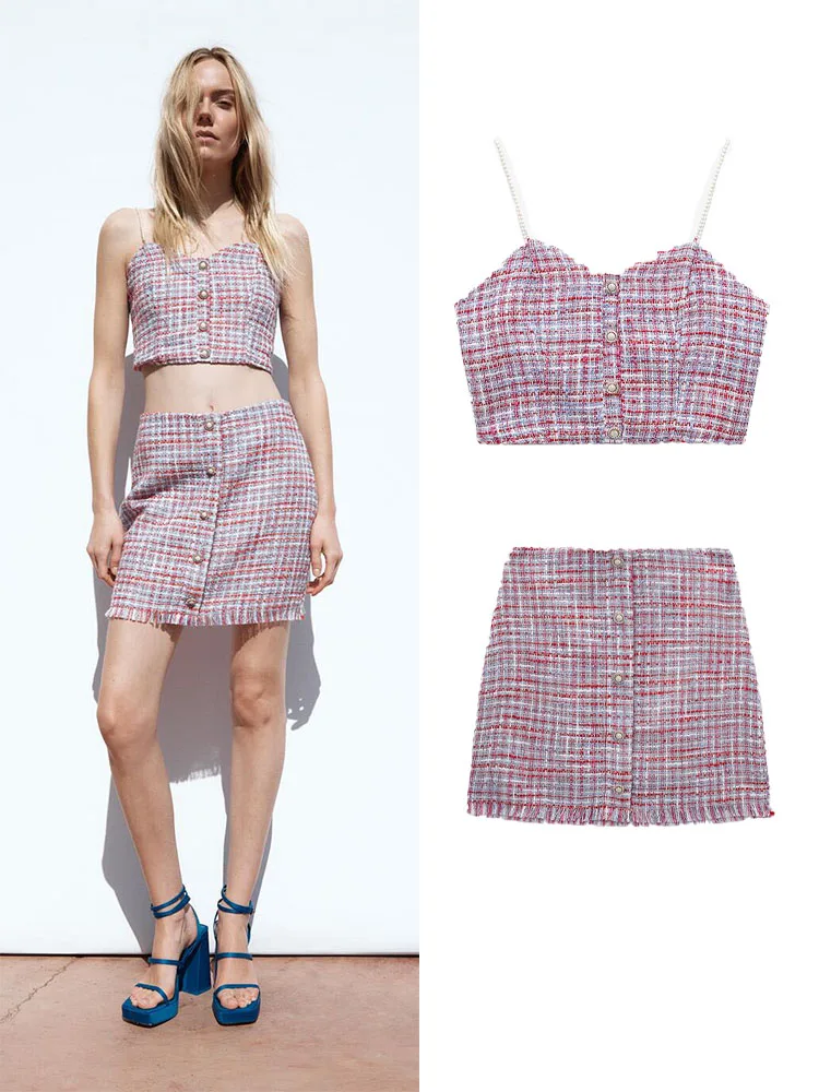 

Spring new women's retro sweet faux pearl suspender textured top and versatile high waist pearl button textured skirt