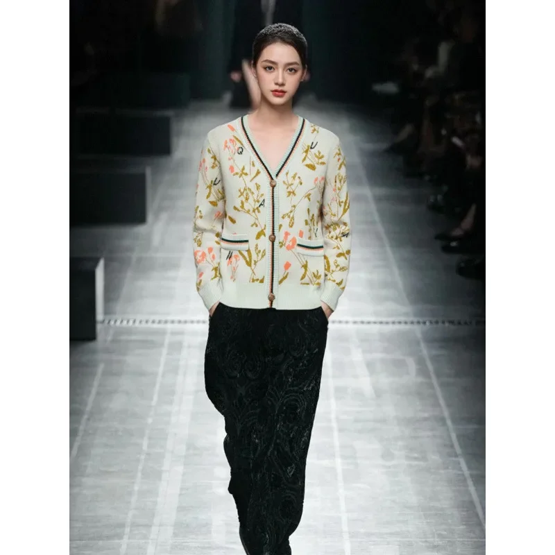 Винтажный жаккардовый вязаный кардиган в китайском стиле Женская модная куртка