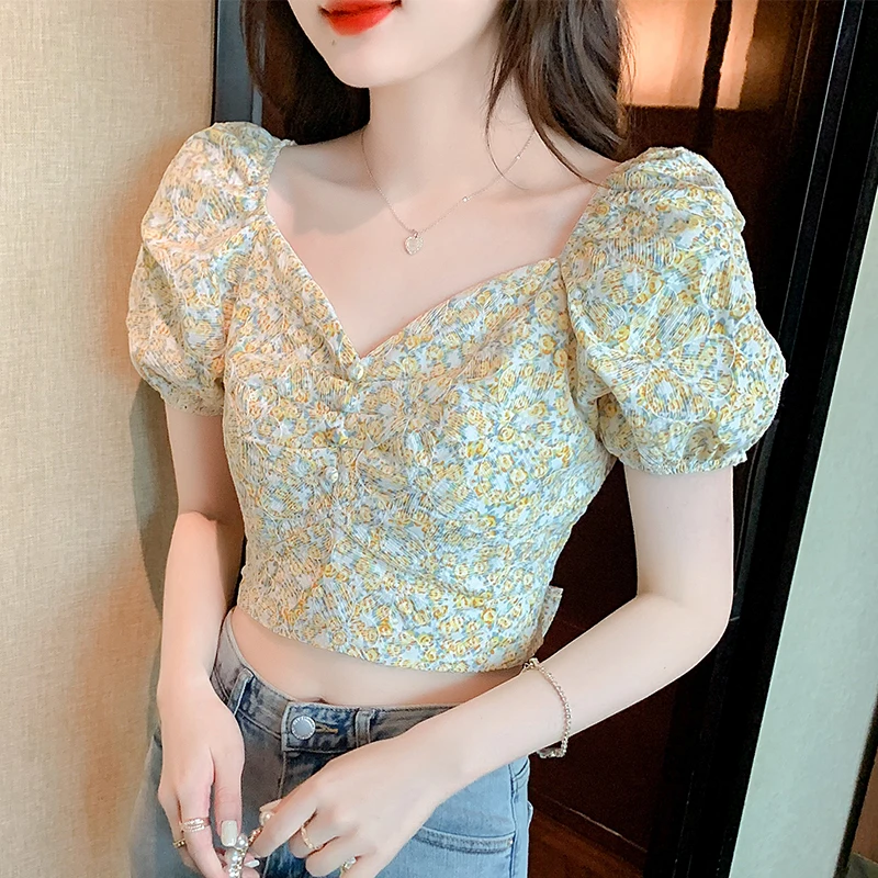 

Summer Women Bubble Sleeve V-Neck Lace Up Casual Printed Chiffon Shirt Blusa Mujer Women Top Blouse Women Blusas Femininas C323