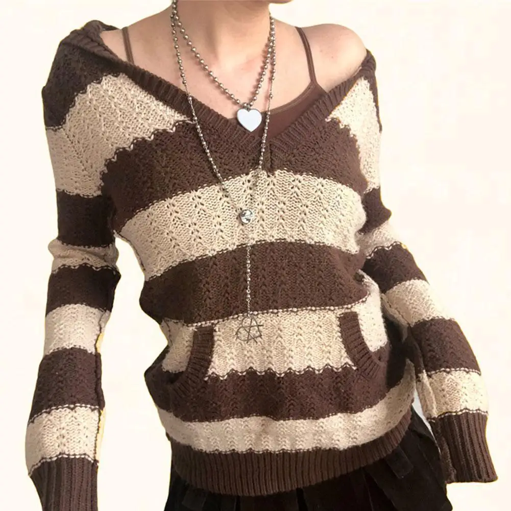 

Ladies Hooded Knit Sweater Striped Pocket Casual Loose Top Knitted Fall/winter Thinning V-neck Retro B5f3