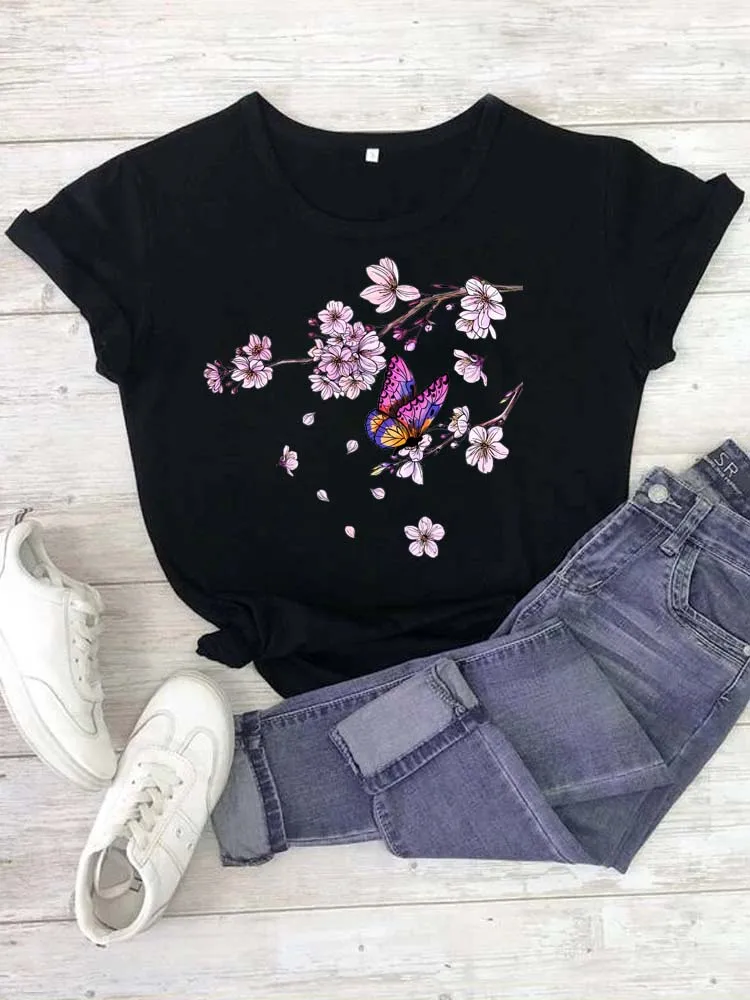 

Women Lady Cartoon Butterfly Floral T Shirt Clothes Girl Summer Short Sleeves Tshirt Tee Womens Top Female Graphic T-shirt
