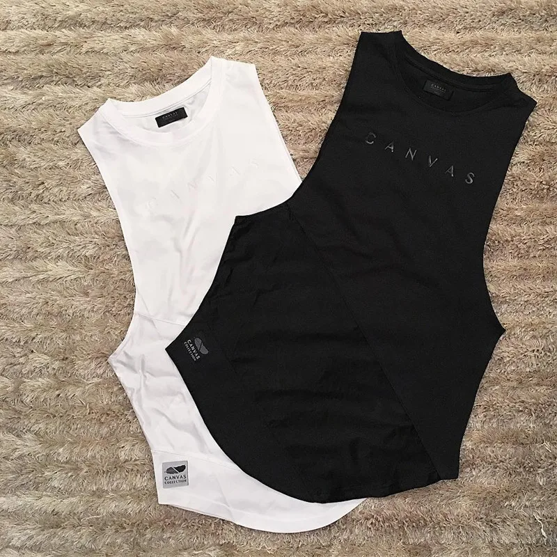 

Black White Simple Tank Top with Letters Printed Curve Hem Bottom Undershirt for Daily Casual or Gym Workout Wear Summer Clothes