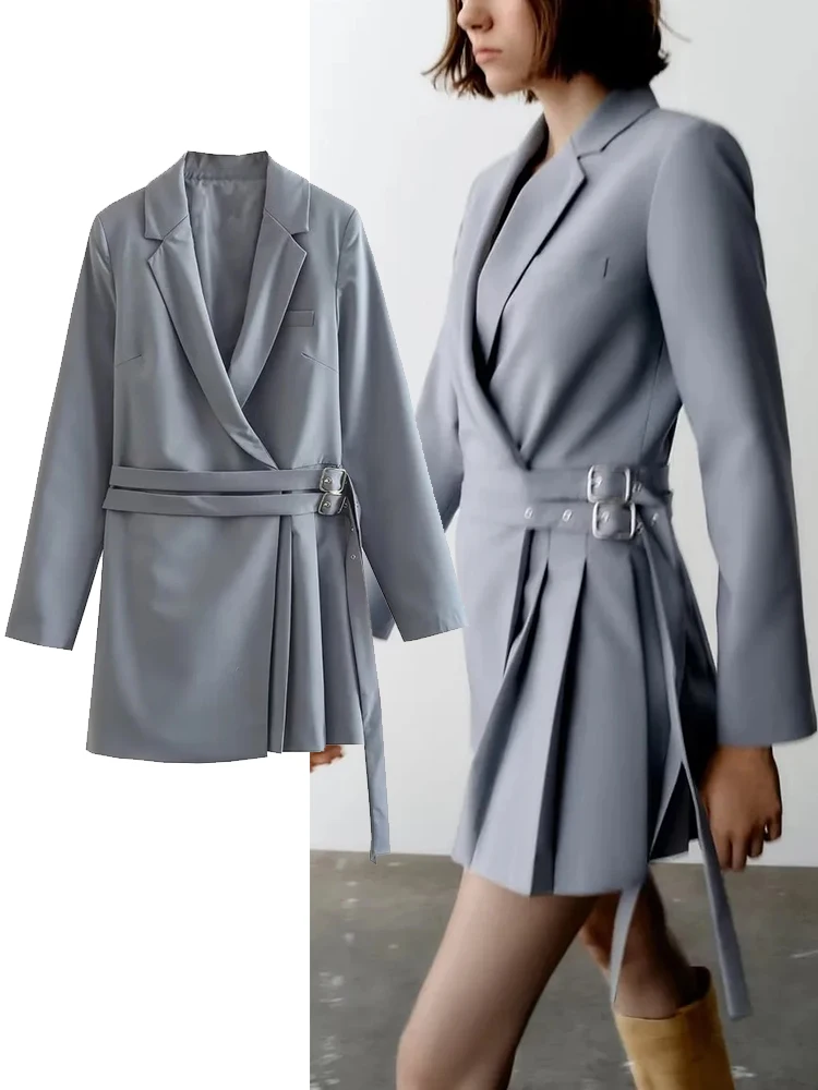 

TRAF Pleated Blazer Dress Woman Grey Office Short Dresses Vintage Slim Long Sleeve Commute Elegant Dresses