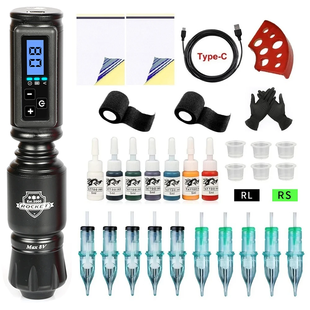 Rocket Complete Tattoo Ink Set Professional Rotary Tattoo Pen Kit Wireless Tattoo Power Supply with Cartridge Needle Accessories