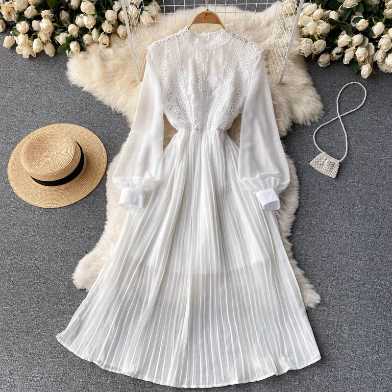 

Party Clubwear Elegant Fashion Stunning Dress Women Sexy Female Clothes A Line Lace Vintage Pleated Puff Sleeve O Neck Skirt