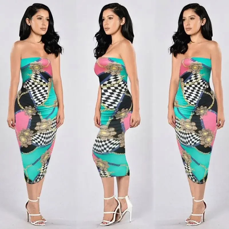 Сексуальный принт без бретелек летние платья средней длины женская одежда оптом