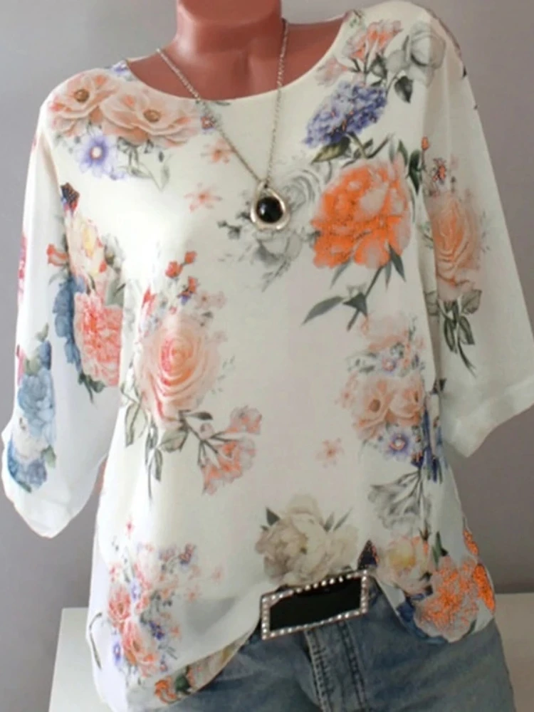 

Summer Floral Print Women Blouse 5XL Large Size Chiffon Blouses Half Sleeve Beach Shirt Office Work Shirts Blusas Feminina Tops