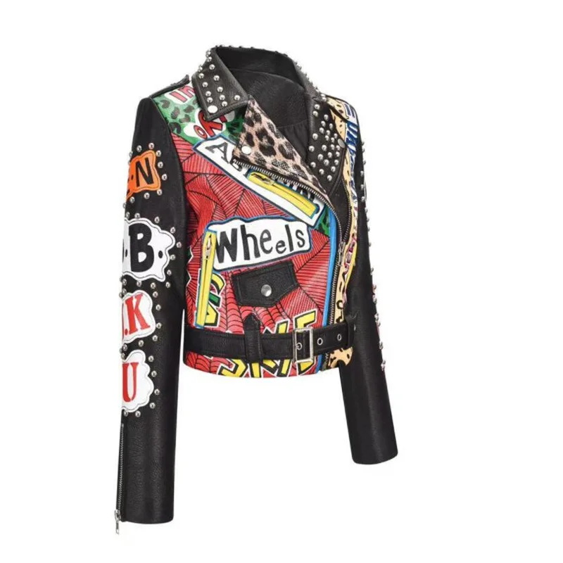 Slim graffiti leather jacket womens PU clothes punk European American printing motorcycle hit color heavy industry short coats