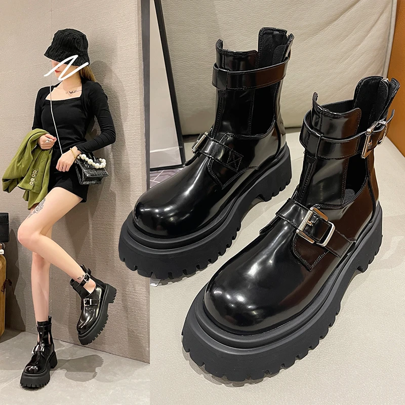 

Boots Women Black Platform Patent Leather Wedges Short Boots Woman Fashion Mid Heels Round Toe Booties Botas Mujer