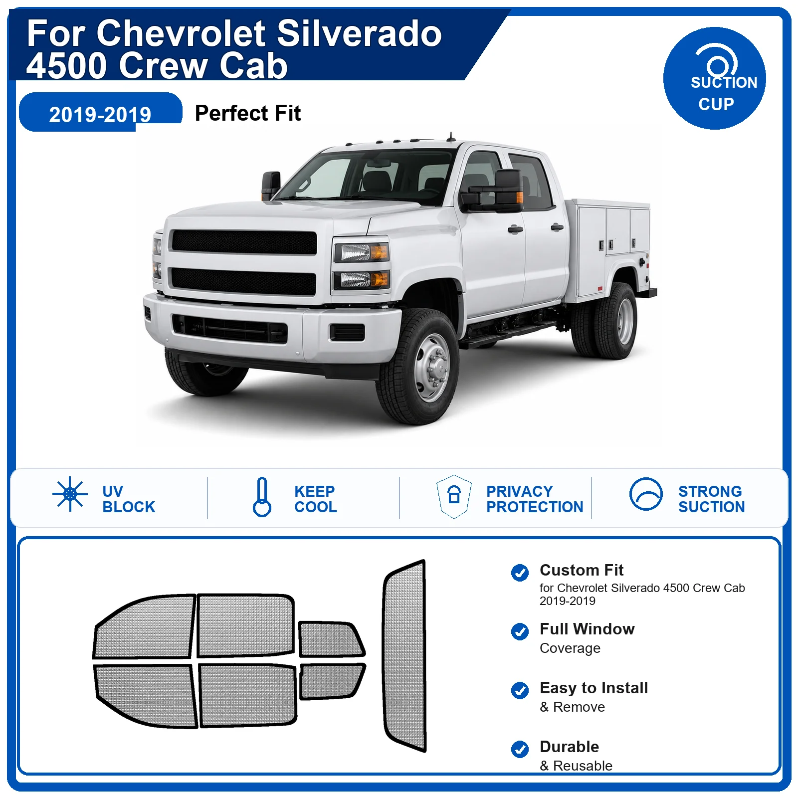Фото Для Chevrolet Silverado 4500 Crew Cab 2019-2019: Полный комплект солнцезащитных шторок на лобовое стекло из алюминиевой фольги, теплоизоляционные, с защитой от УФ-излучения, складные №1