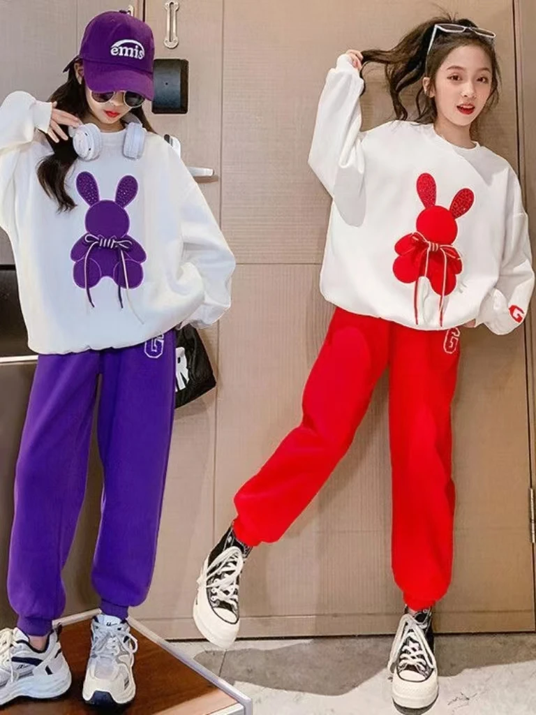 

2023 New Spring Girls Lovely Contrast Cotton Sweatshirt+Sweatpant Sets School Kids Tracksuit Students Jogger Suit Child Outfits