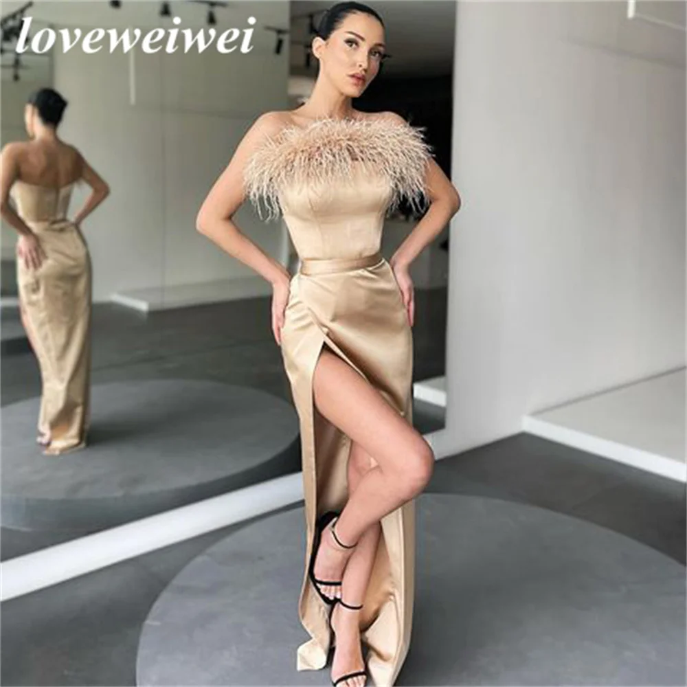 

Вечерние платья цвета хаки без бретелек с перьями и высоким разрезом, вечернее платье русалки без рукавов, платья для выпускного вечера, бальное платье