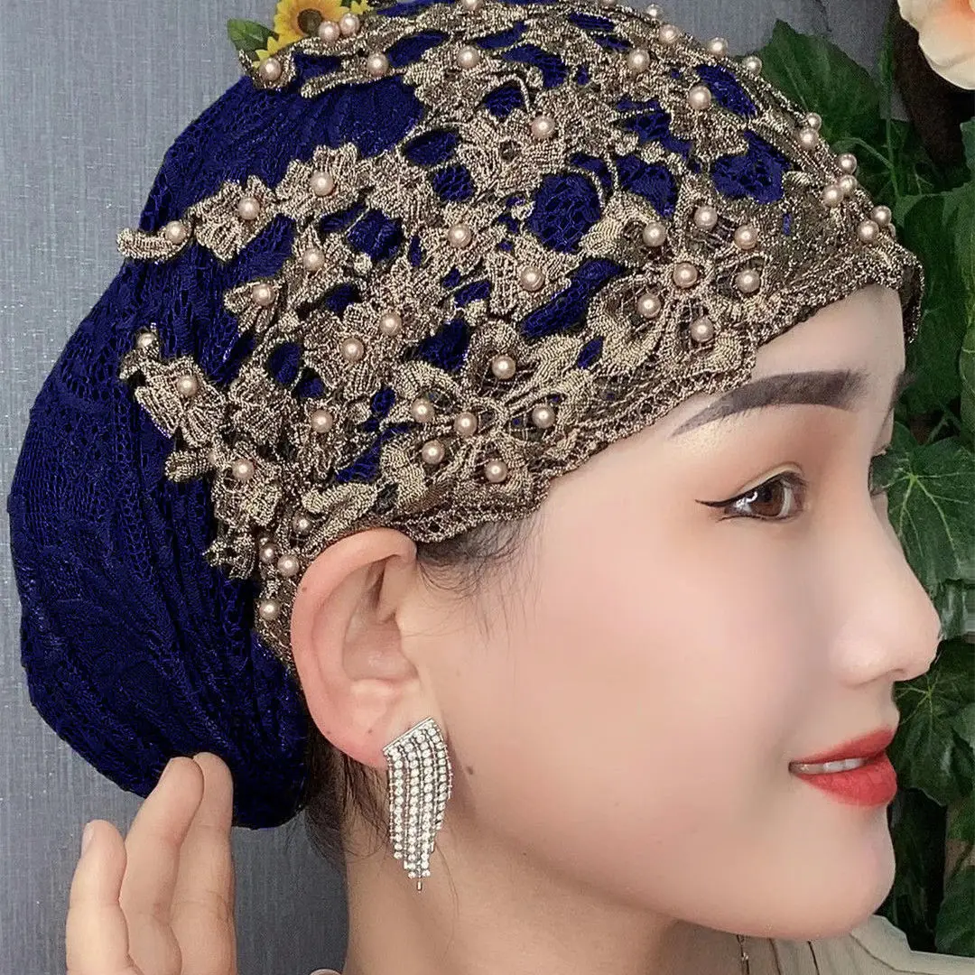 2023 Summer Beading Turban Cap for Women Lace Head Wraps Female Head Scarf Bonnet Embroidery Ladies Hat Hair Cover Beanies