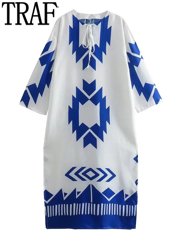 

TRAF Print Long Dress Women Blue White Loose Kaftans for Women Wide Sleeve Summer Dresses Woman 2022 Casual Female Dress Tunic