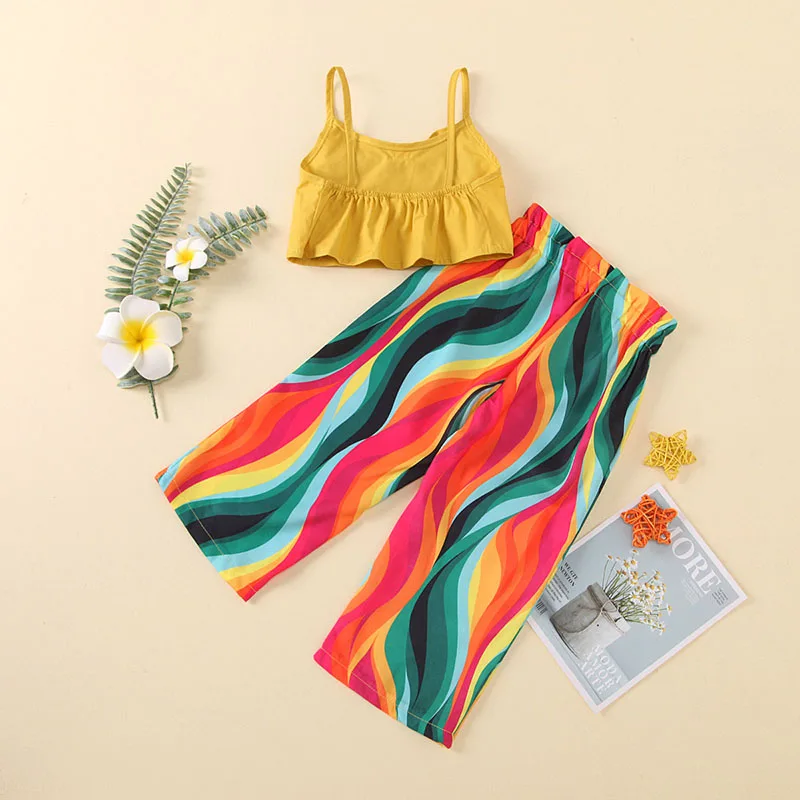 

Girls Solid Bow Camisole Rainbow Trousers Set Girls Clothing Set Kids Boutique Clothing Wholesale Kids Clothes