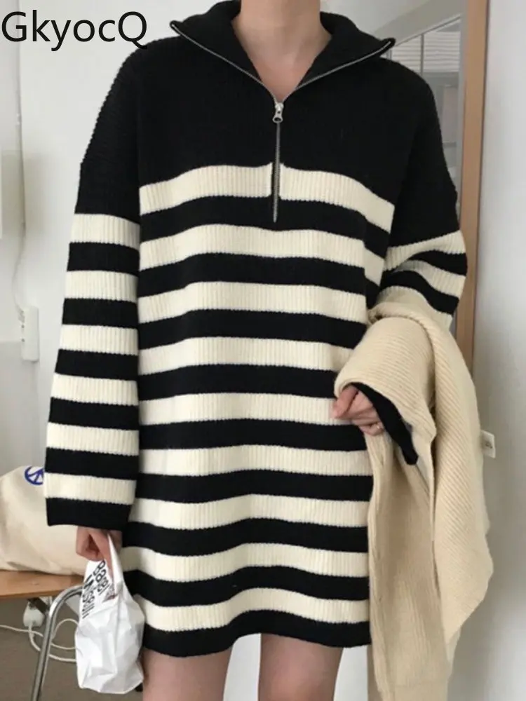

Женское трикотажное платье в полоску, свободное винтажное платье средней длины на молнии с длинным рукавом, теплая одежда в Корейском стиле...