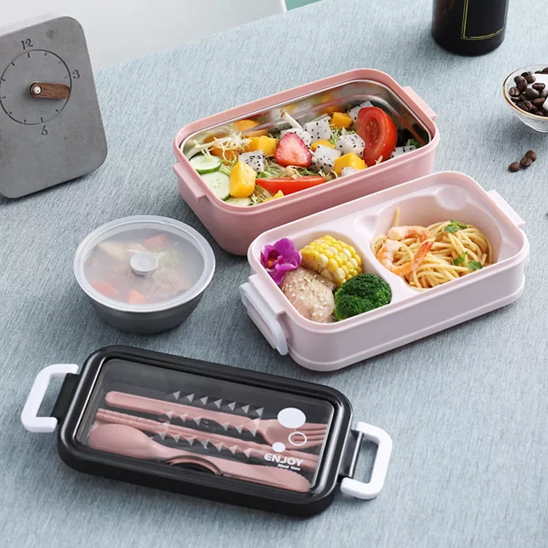 

2023New Dual-Layered Lunch Box Stainless Steel Japan Bento Box Nordic Style Food Container With Portable Tableware Milk Soup Bow