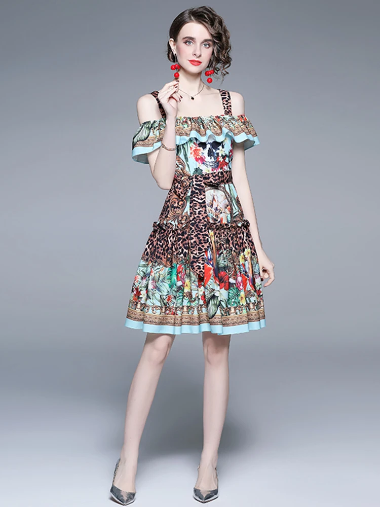 

2022 Summer Ruffles Vintage Mini Dress Women Spaghetti Strap Backless Leopard Floral Print Lace Up Belt Party Vestidos N1397