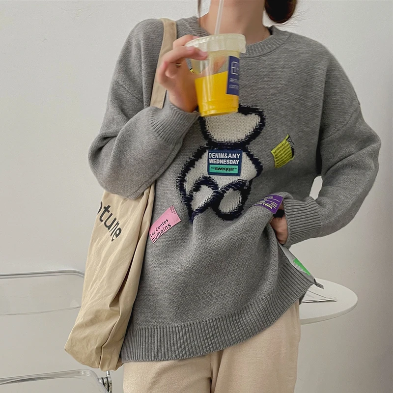 

Clothing Women Bear Knitted Sweater Autumn Winter 2021 New O Neck Loose Outer Wear Lazy Style Japanese Pullover