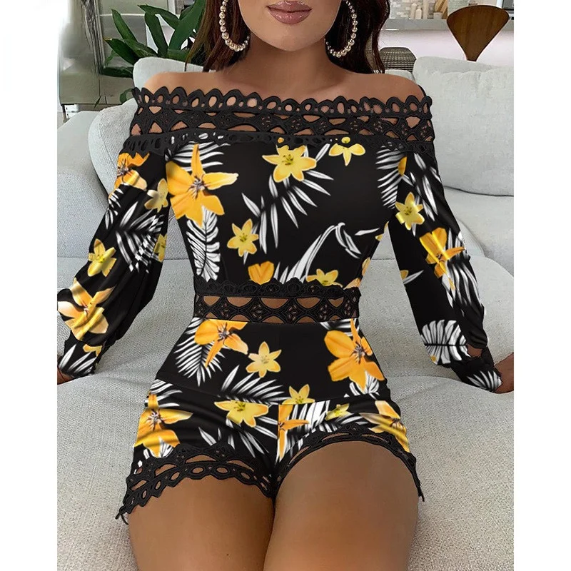 Сексуальный женский комбинезон с принтом ажурный кружевной на молнии прозрачный