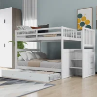 Home Modern And Minimalist Wooden Bedroom Furniture Beds Frames Bases Full Over Full Bunk Bed With Twin Size Trundle White