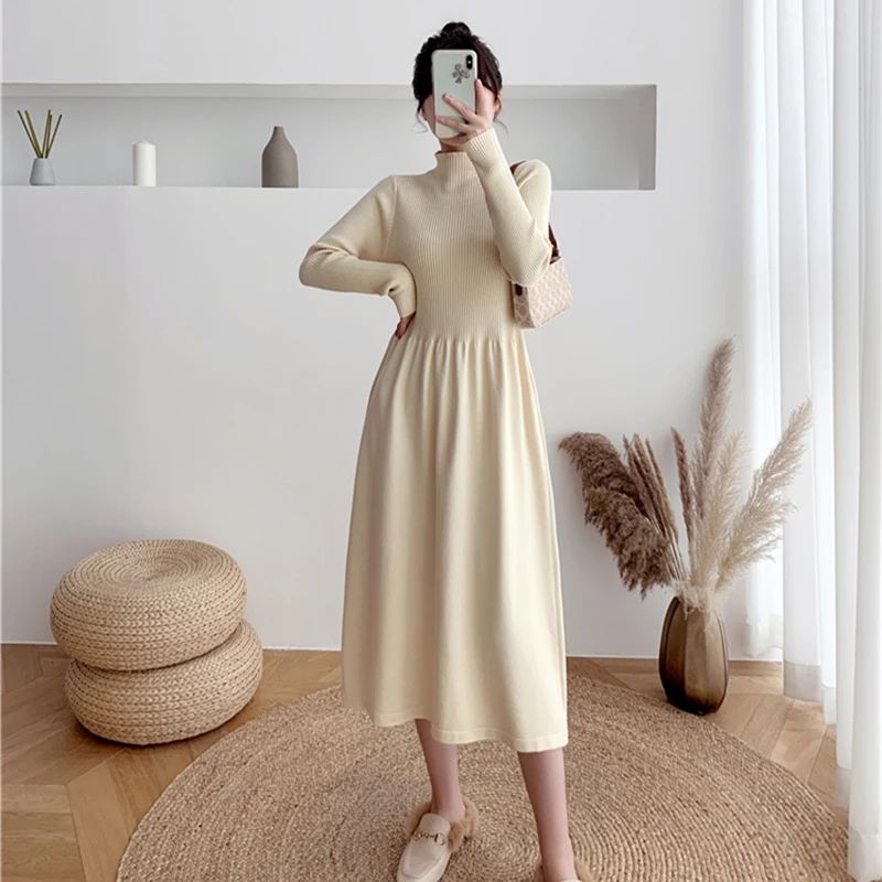 

High quality 2022 autumn and winter Korean fashion half turtleneck mid-length sweater skirt bottoming knitted dress for women