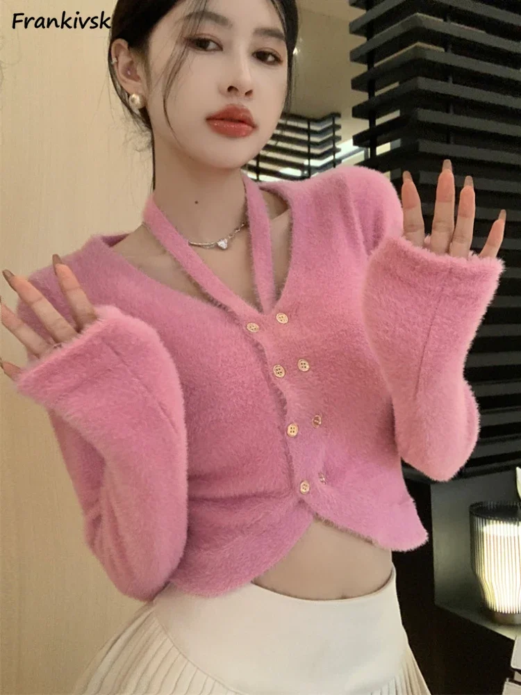 

Cardigan Women Sweet Cozy Solid All-match Elegant Halter Popular Streetwear Holiday Y2k Simple Cropped Button Bright Stylish