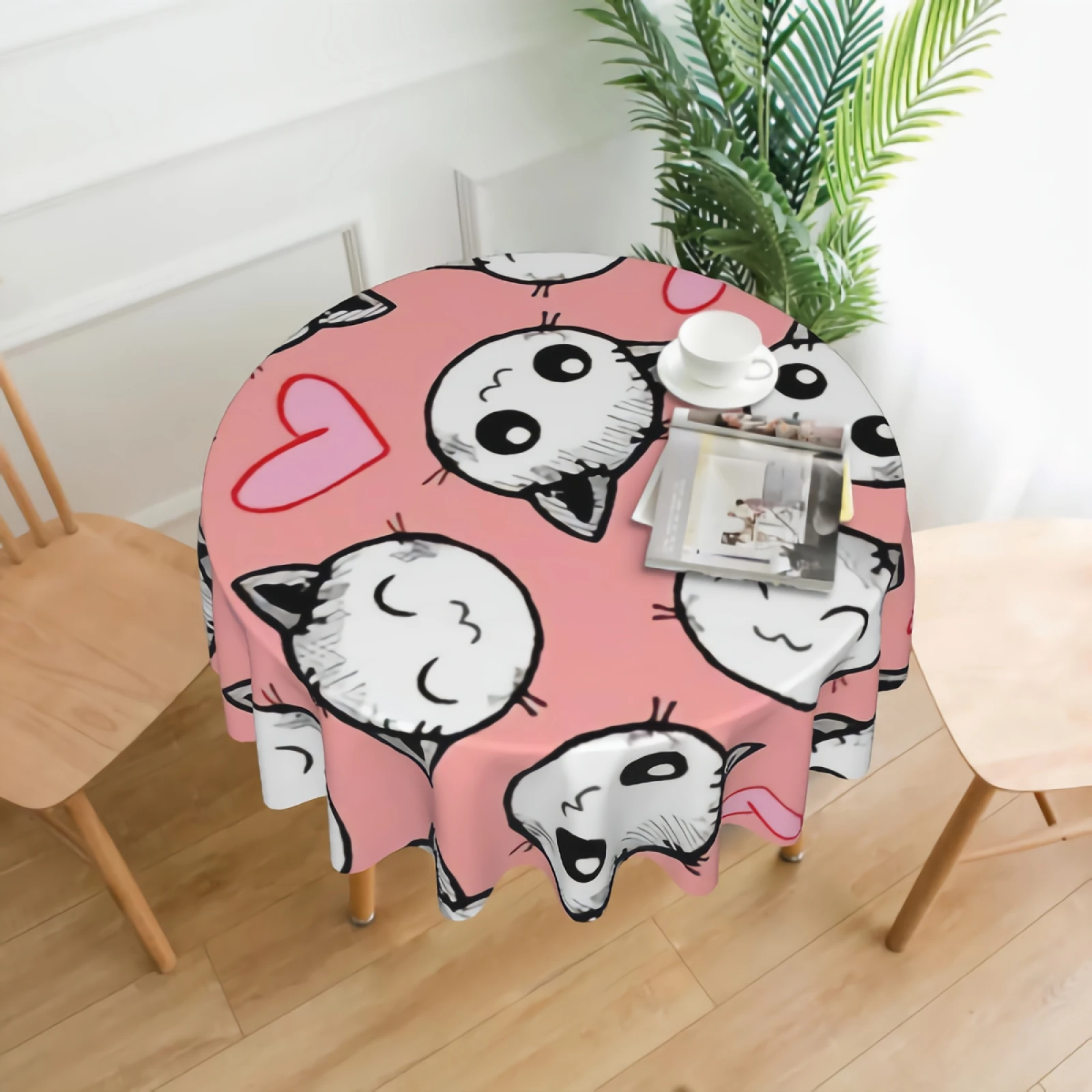 

Smiling Cats And Hearts On Pink Background Round Tablecloth Farmhouse Cartoon Cats Pattern Table Cloth 60 Inch Round Table Cloth