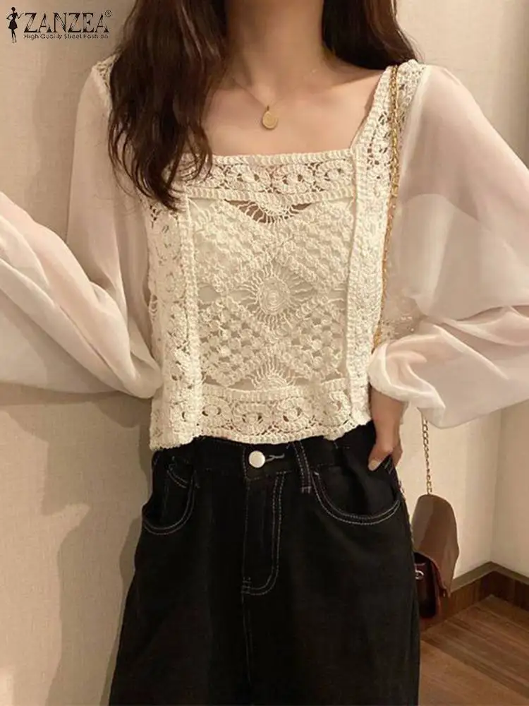 

Женская рубашка с пышными длинными рукавами ZANZEA 2023, вязаная крючком блузка, повседневные свободные Дамские топы с квадратным вырезом и пэчворком, милые Блузы