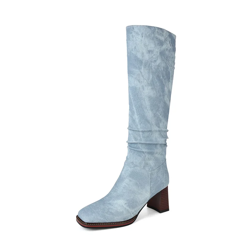 

Denim Women Knee High Boots New Autumn 6.5cm Chunky Heels Shoes Elegant Ladies Square Toe Blue Khaki Zipper Boot Plus Size 31 43