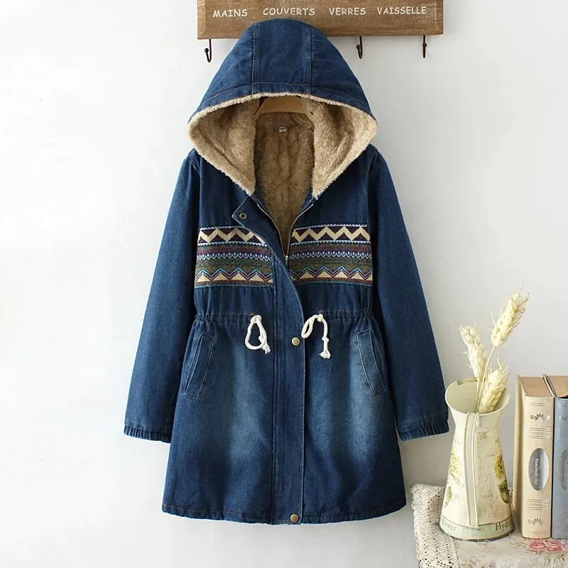

Hooded Drawstring Denim Mid Length Cotton Parkas Coat Winter Women Clothes New Fleece Thickened Denim Hooded Female Vintage Coat