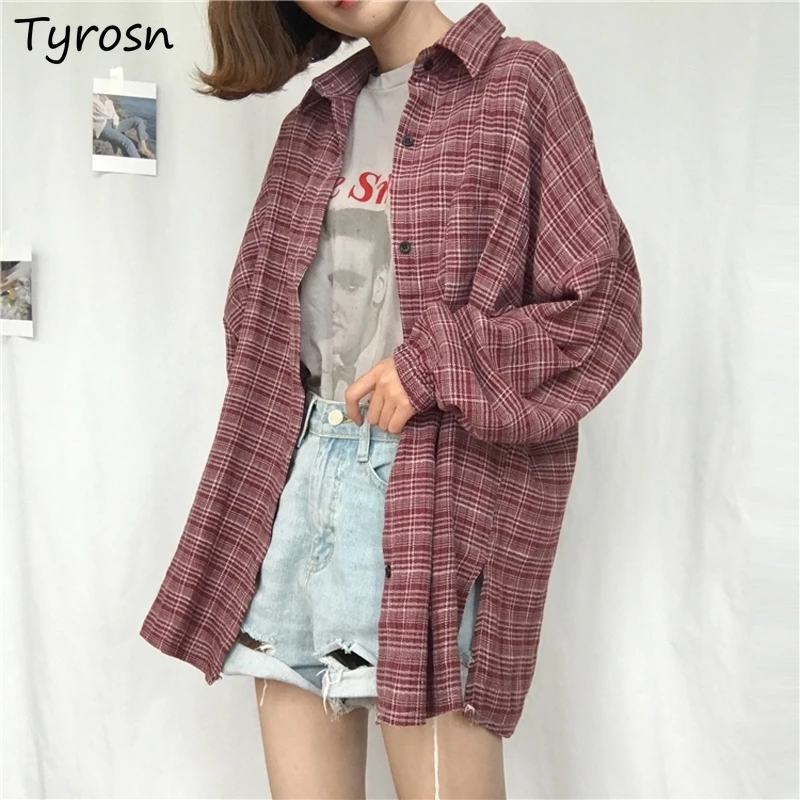 

Plaid Shirts Women Retro Hong Kong Style Design Side-slit Casual Harajuku Long Sleeve Blouses All-match Loose Outwear Student BF