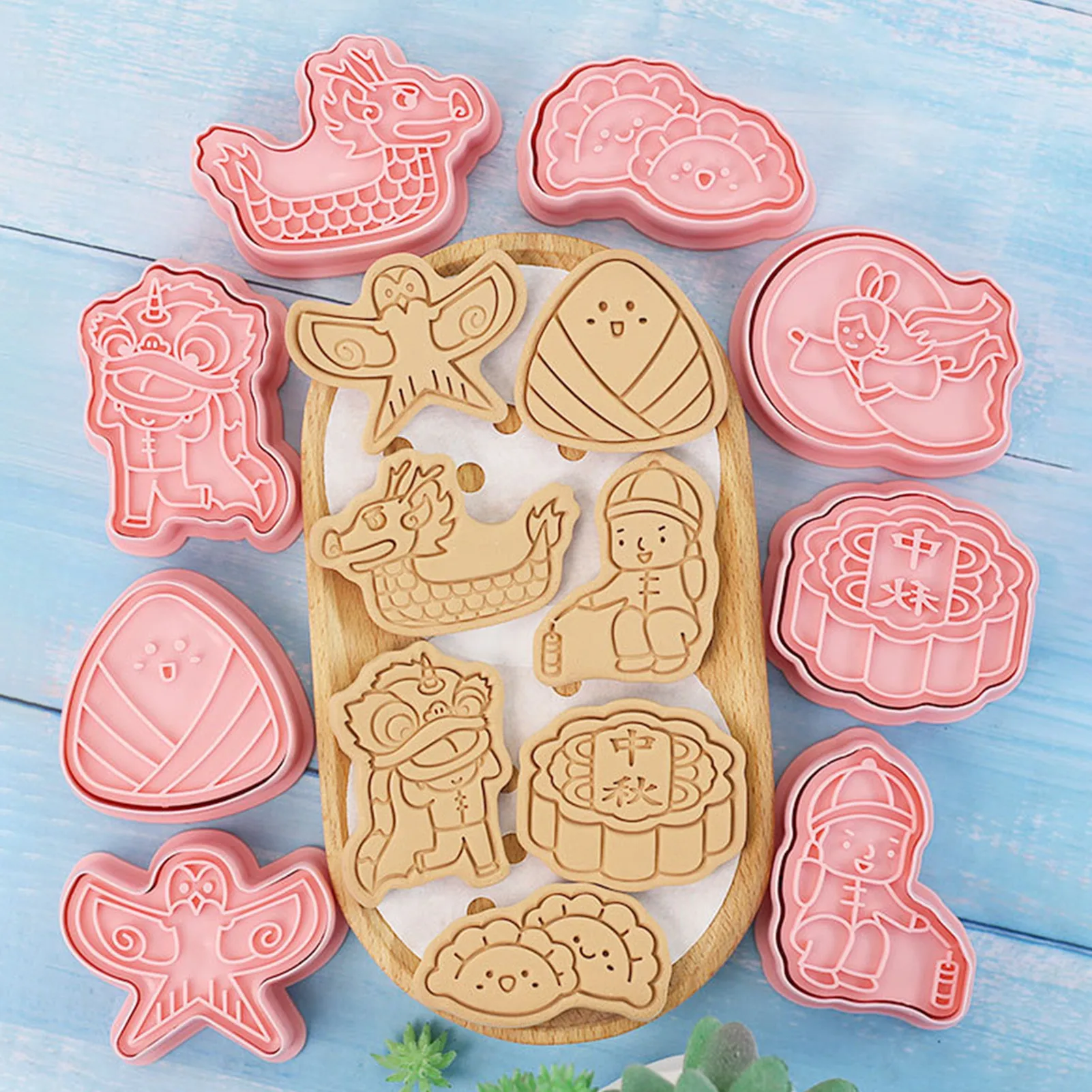 

8 Pcs Chinese Festival Cookie Cutters Set 3D Cookie Stamp Biscuit Cutters DIY Biscuit Press Stamp Molds For Cakes Biscuits