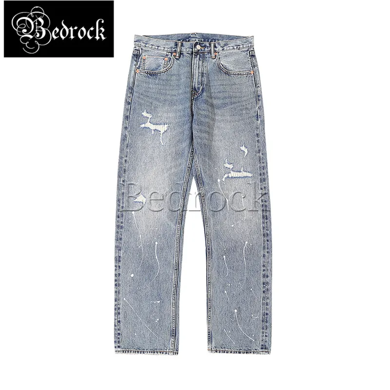 MBBCAR 14.5oz vintage heavy washed splash-ink embroidery hole jeans men original high street selvedge denim straight pants 7463