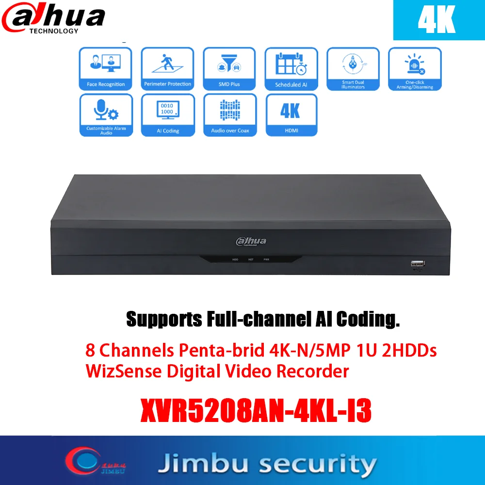 

Dahua XVR 8CH 4K XVR5208AN-4KL-I3 Full channel AI Coding Penta bit 4K-N/5MP 1U 2HDDs WizSense Digital Video Recorder